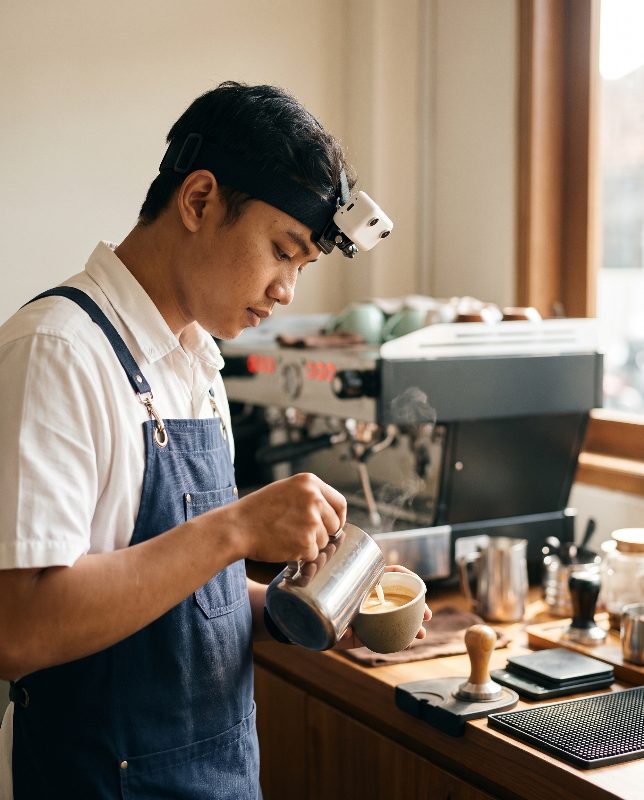 Barista pouring milk while wearing a head-mounted stereo camera